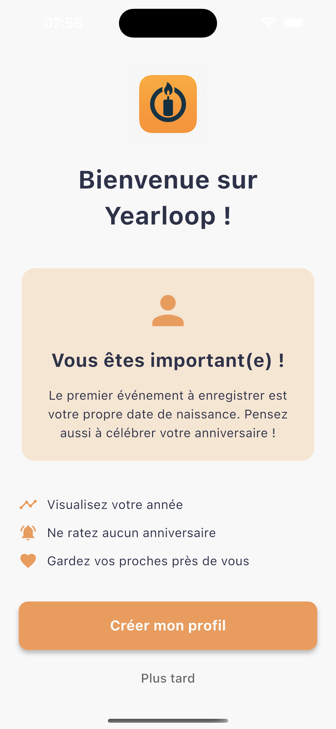 Capture d'écran de l'application Yearloop montrant la liste des événements et anniversaires à venir